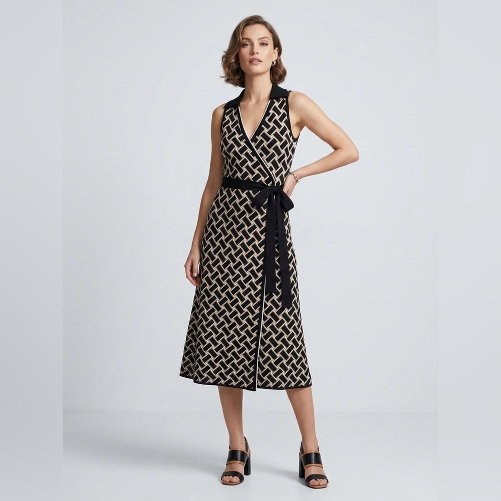 Diane von Furstenberg XXS Sleeveless Wrap Dress Geometric Black Beige